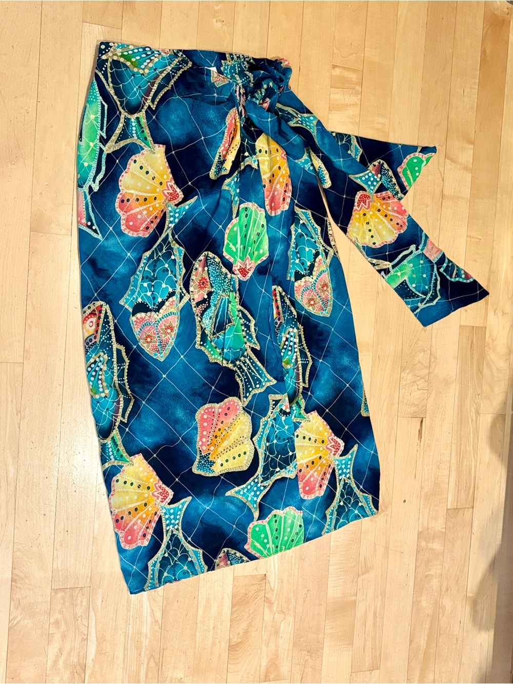 Women’s Vintage Gottex Swim Sarong Cover-Up 33” Long in Teal Shell & Ocean Print